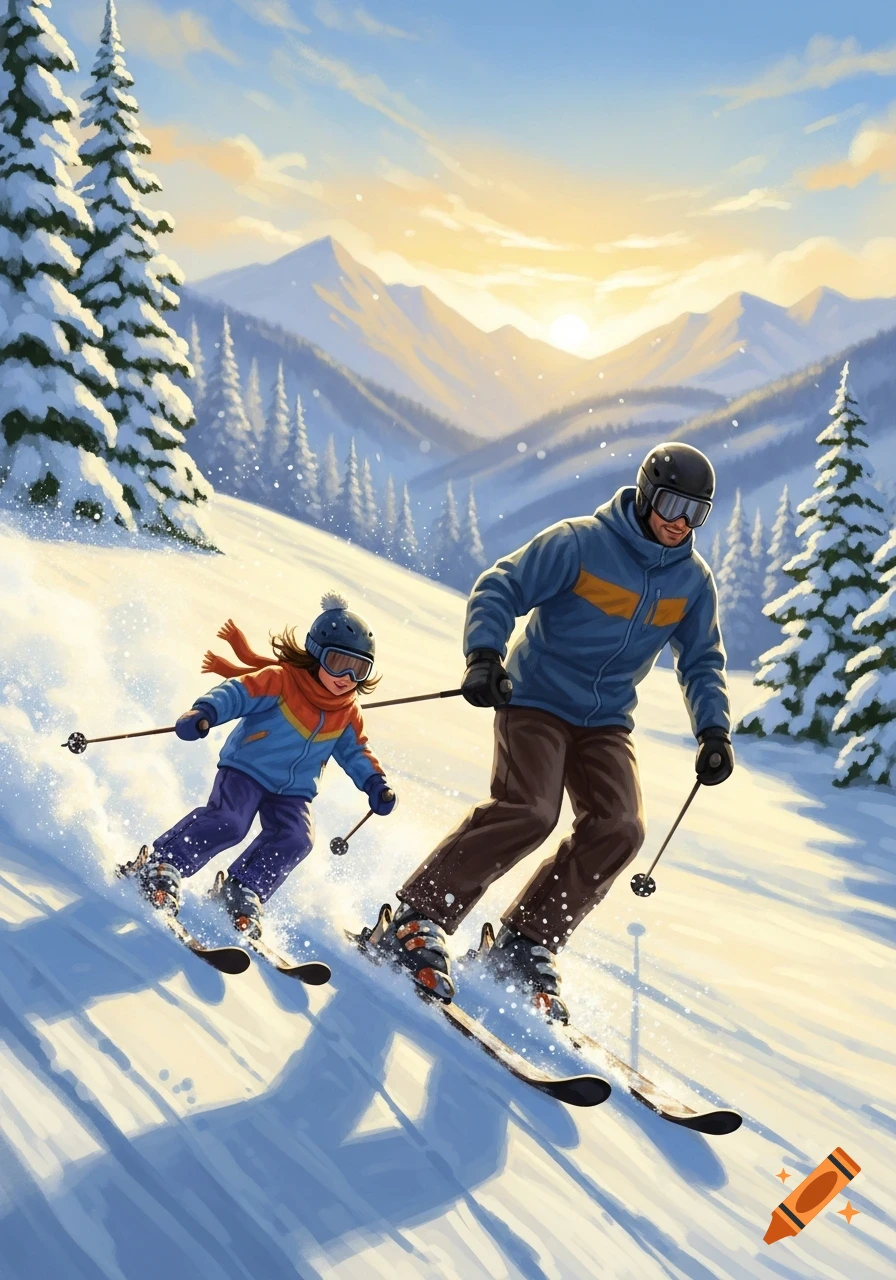 An illustrated father and child ski down a snowy mountain slope at sunset, surrounded by pine trees.