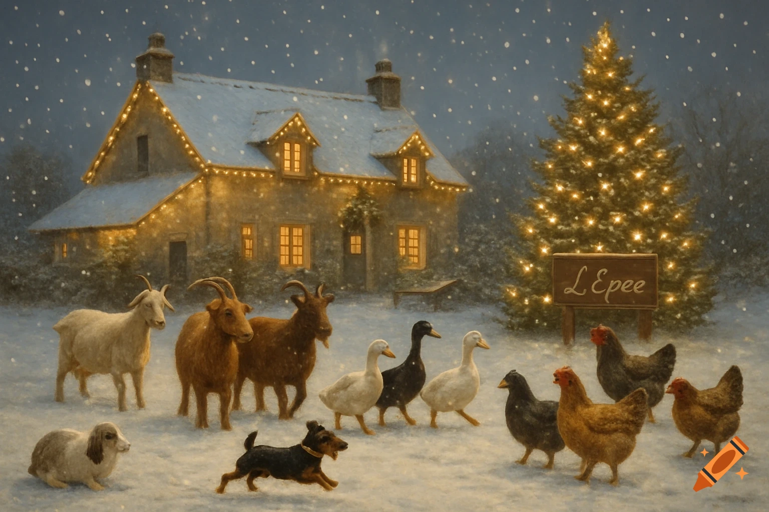 A snowy Christmas scene with a festive farmhouse, an illuminated tree, and various farm animals including goats, ducks, chickens, a dog, and a lamb.