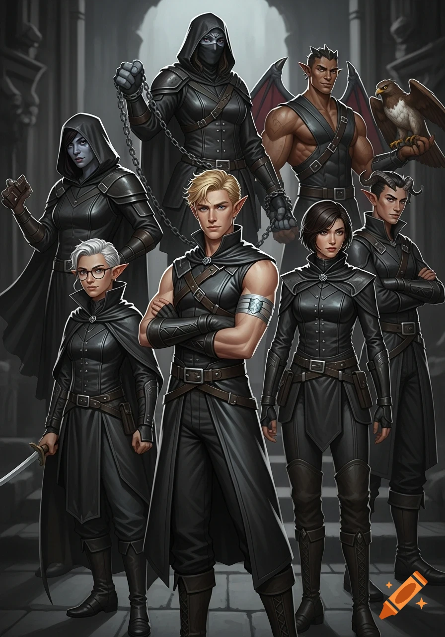 A group of six diverse fantasy characters, including elves, tieflings, and a winged figure, dressed in black leather uniforms, standing in a dark, stylized setting.