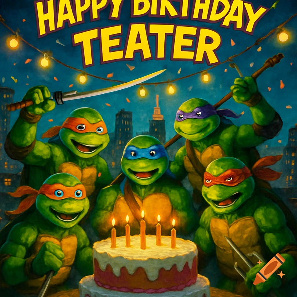 Five Teenage Mutant Ninja Turtles celebrate with a birthday cake and a banner that reads 'HAPPY BIRTHDAY TEATER' in a nighttime city scene.