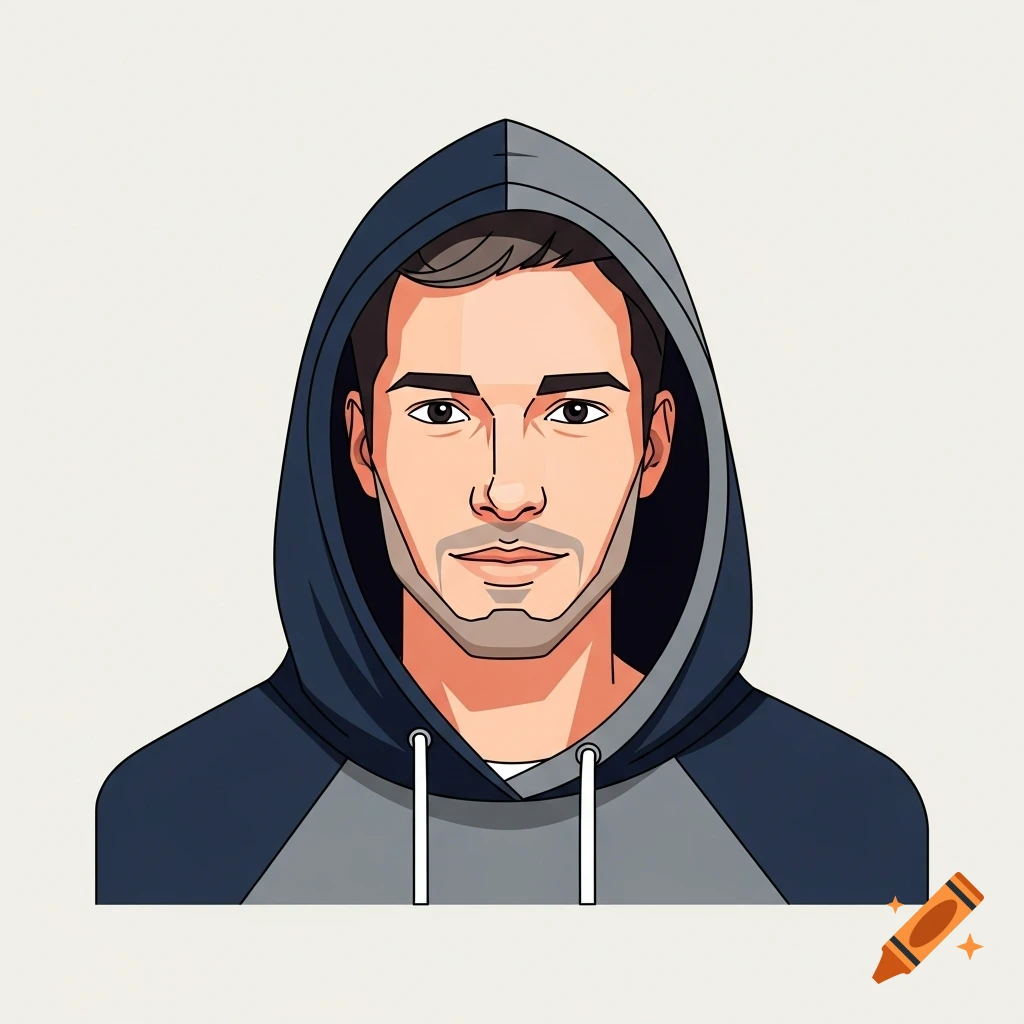 An illustrative headshot avatar of a man with light facial hair, wearing a dark blue and grey hoodie.