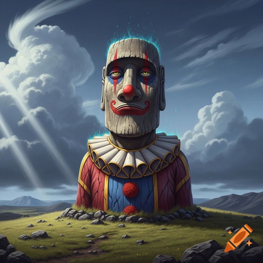 A Moai statue with clown makeup and costume, glowing blue, in a grassy field under a dramatic cloudy sky.