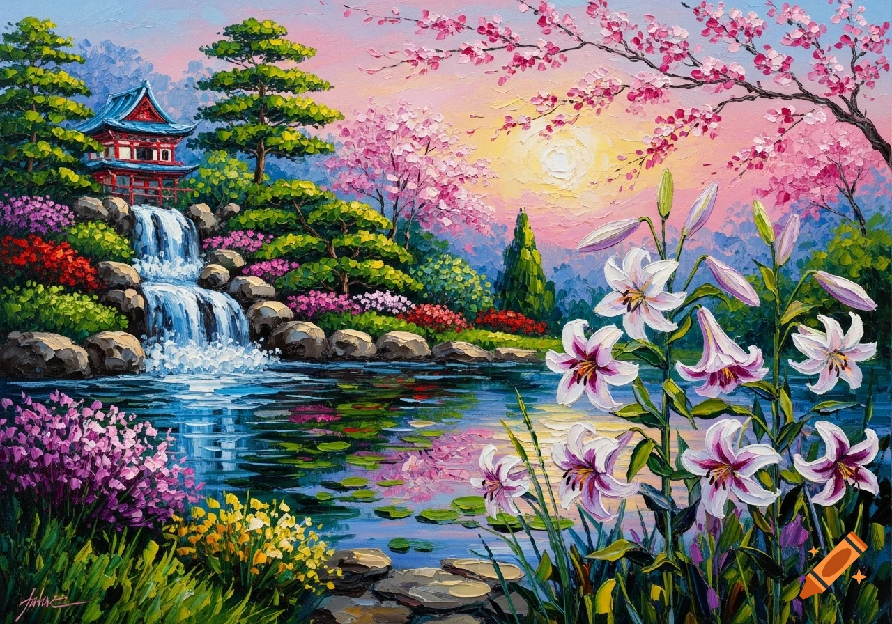 Vibrant impressionist oil painting of a Japanese garden with a waterfall, flowering cherry tree, sunset sky, and white lilies by a pond.