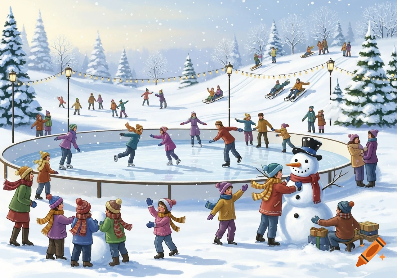 A cheerful winter illustration of people ice skating, sledding, and building a snowman in a snowy park.