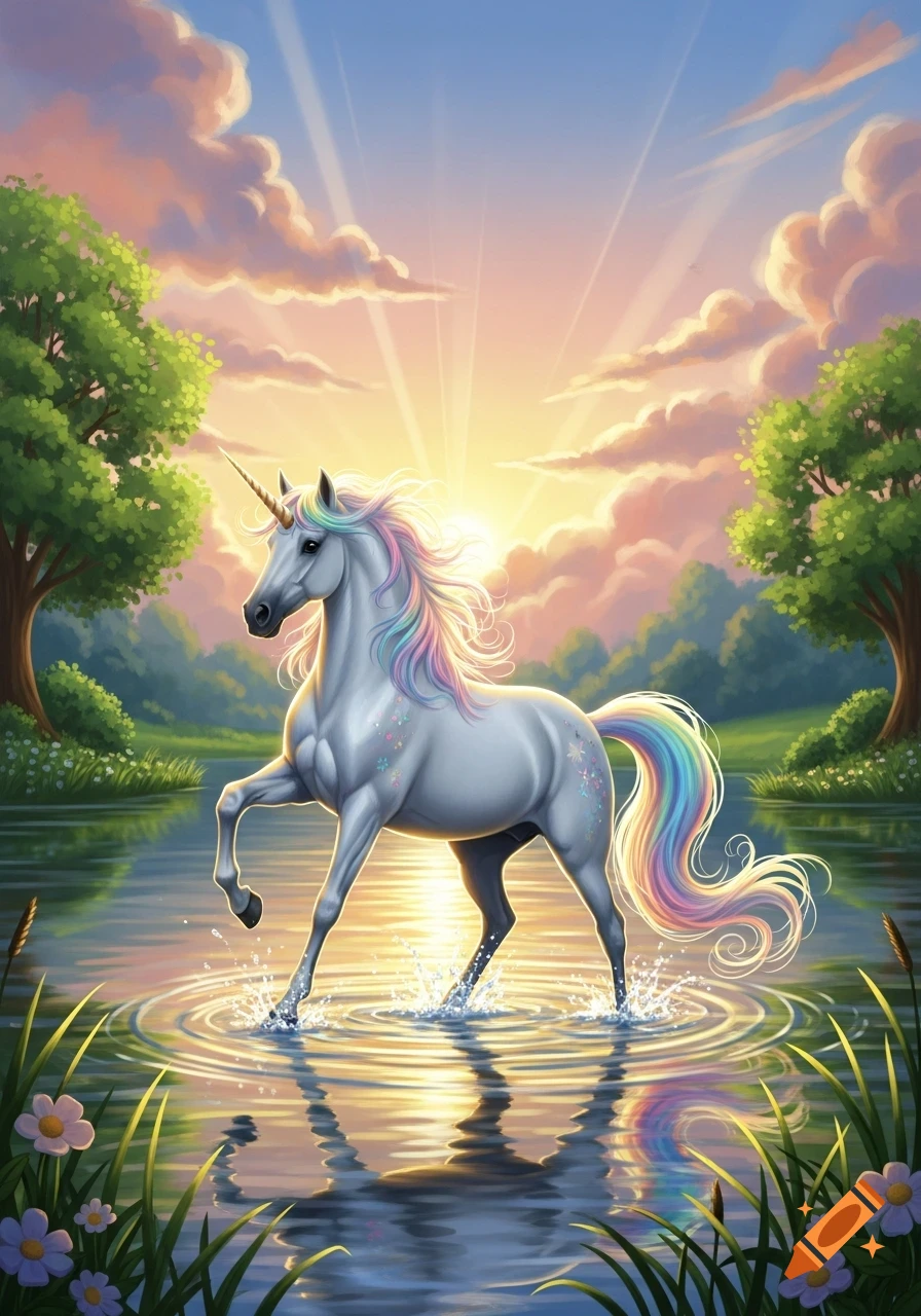 A majestic white unicorn with a rainbow mane and tail steps through tranquil water at sunrise, surrounded by lush trees and vibrant clouds.