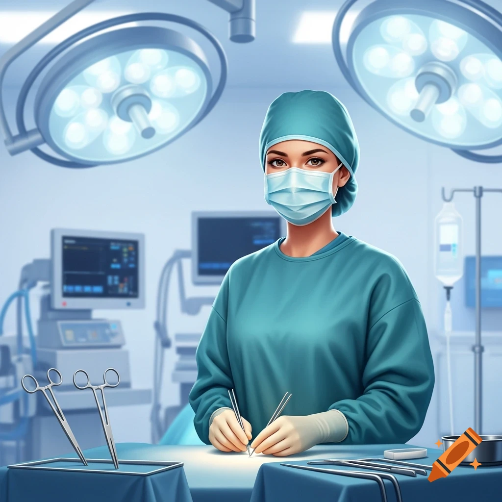 Drawn illustration of a masked female surgeon in an operating room, using surgical instruments.