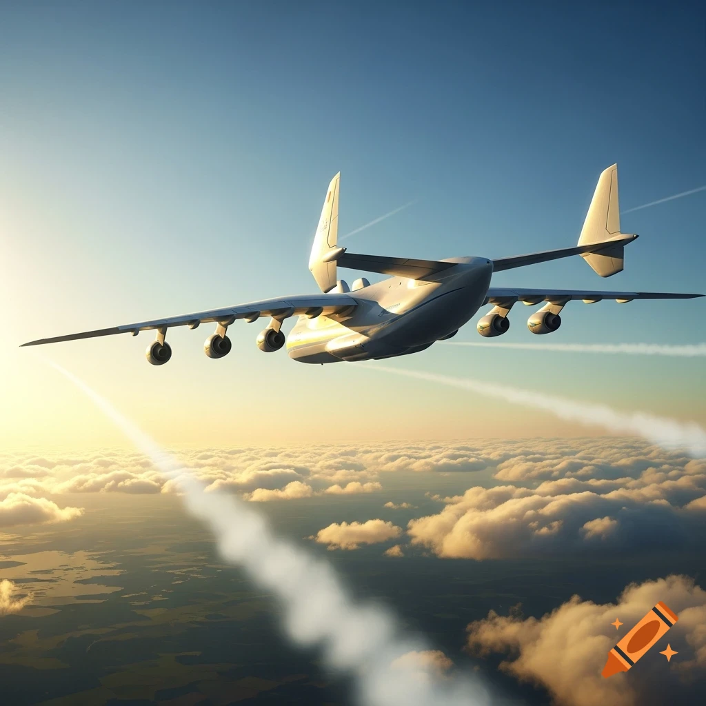 A large multi-engine cargo plane flying above a layer of golden clouds at sunset, leaving contrails.