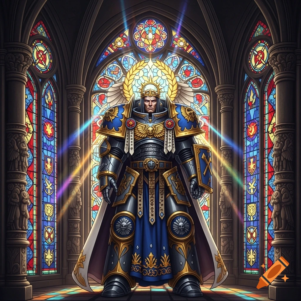 A majestic, heavily armored figure, reminiscent of Warhammer, stands in a grand cathedral with vibrant stained glass windows.