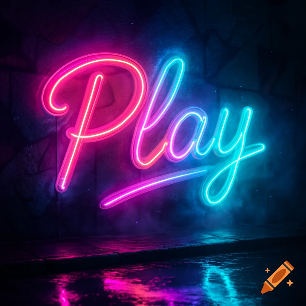 Neon sign spelling 'Play' in vibrant pink and blue against a dark, wet surface with reflections.