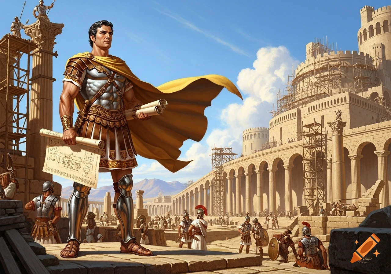 A muscular Roman commander in gold armor and a flowing cape stands amidst a massive construction project, holding architectural schematics.