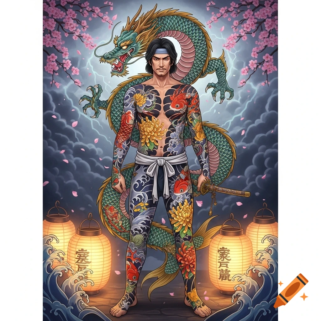 Man with full-body Japanese irezumi tattoos and a green dragon, surrounded by cherry blossoms and glowing lanterns in a stylized illustration.