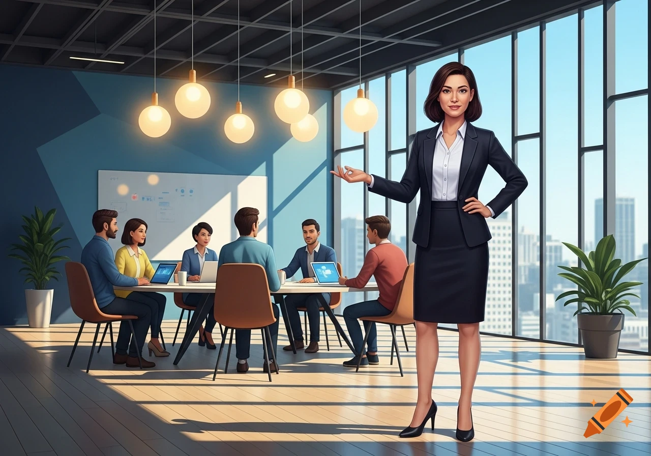 A confident business woman in a dark suit stands in a modern office meeting room, with colleagues at a table behind her.
