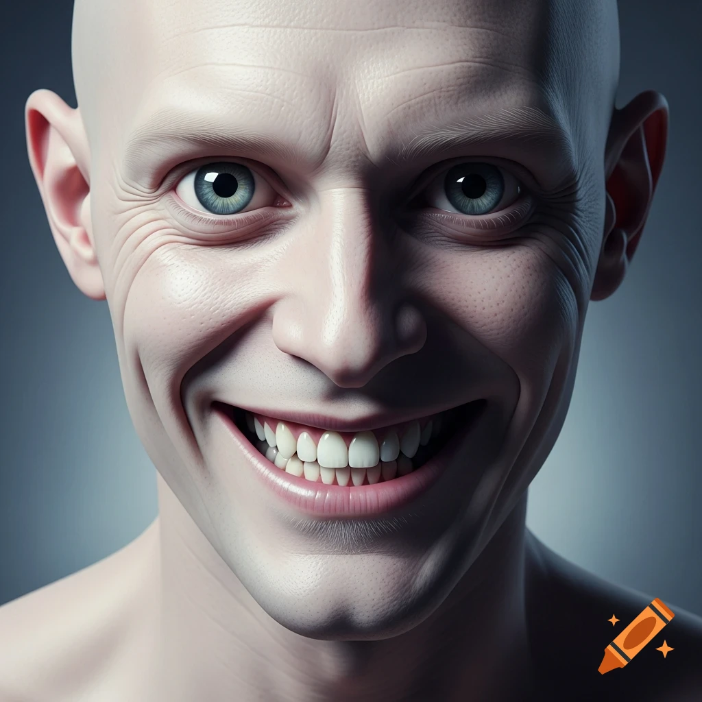 Hyperrealistic close-up of a pale, bald man with large blue eyes and an unnervingly wide smile showing many teeth.