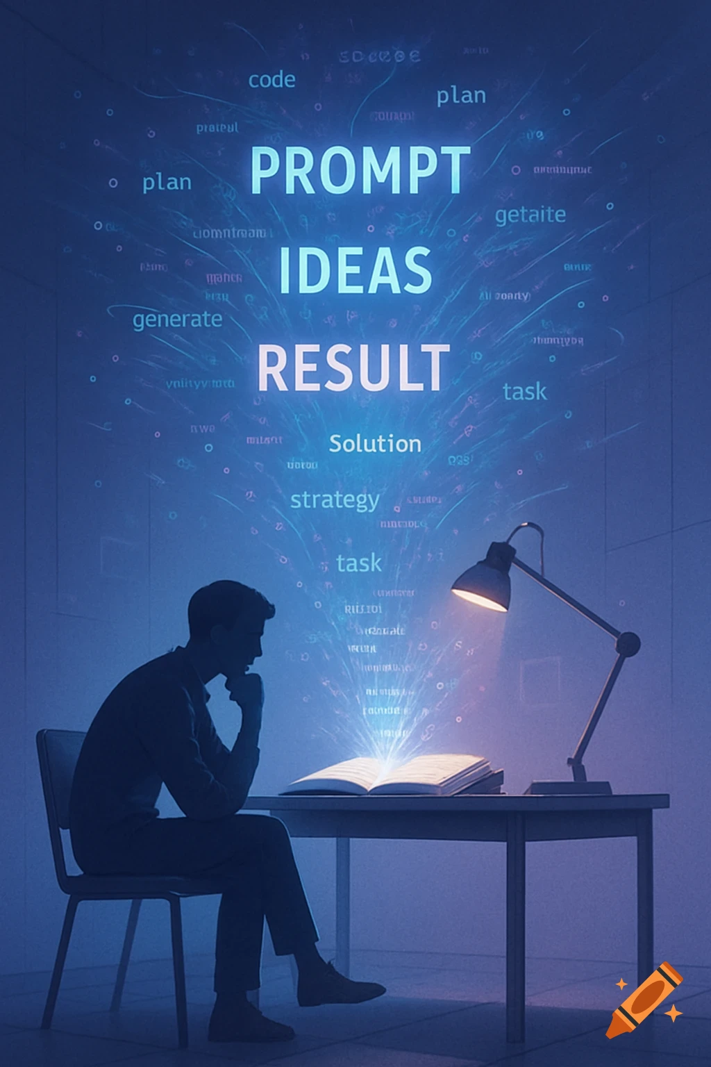 A person sits at a desk in a blue room, looking at a glowing book. Words like 'PROMPT', 'IDEAS', and 'RESULT' float above, surrounded by other text and abstract particles.