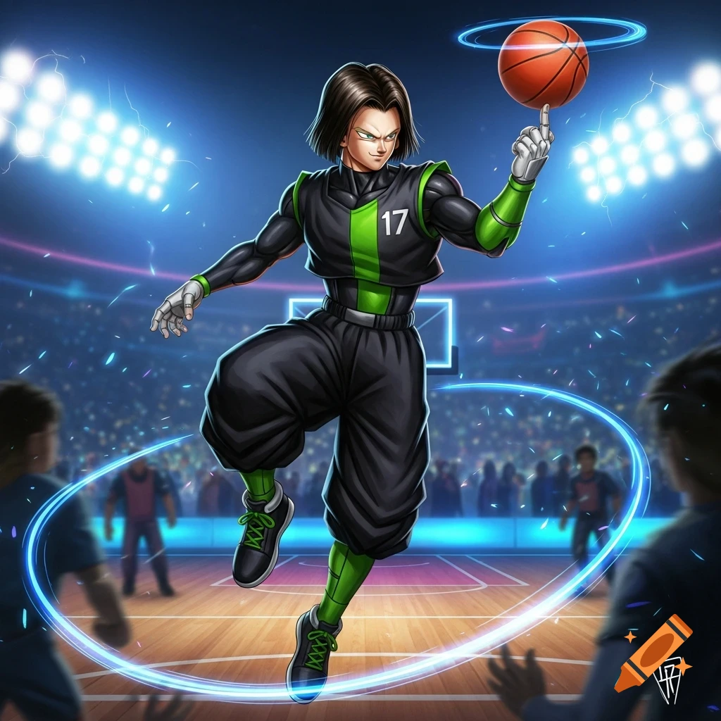 Android 17 in a black and green basketball uniform spins a ball on his finger on a court in a brightly lit arena, anime style.
