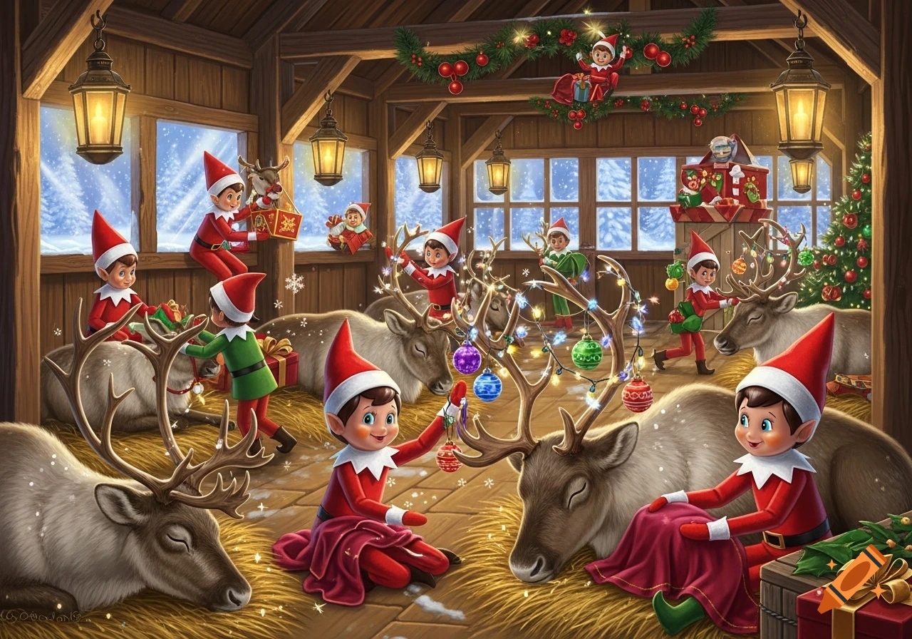 Christmas elves decorate a rustic wooden barn and several sleeping reindeer with lights and ornaments, with a snowy scene outside.