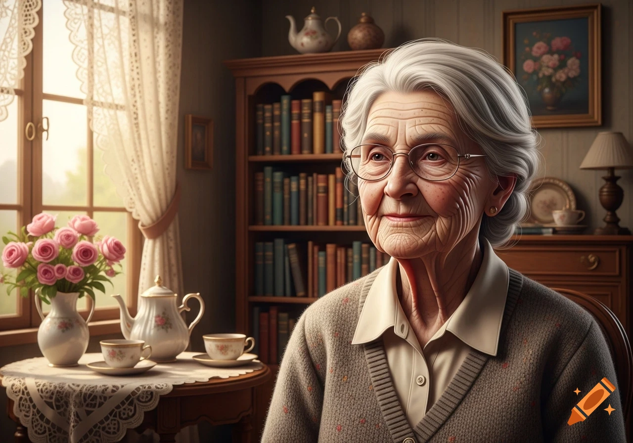 An elderly woman with white hair and glasses smiles gently while sitting in a cozy room with a bookshelf and a tea set.