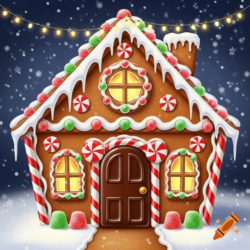 A festive gingerbread house covered in white icing, red and green candies, and candy canes, with a brown chocolate door, set against a dark blue snowy night sky with string lights.
