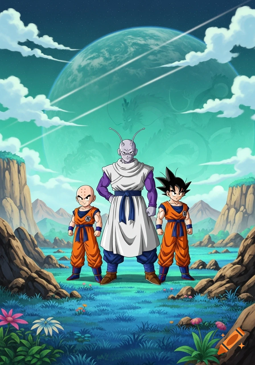 Dende, Krillin, and Gohan on a green alien planet with a large planet and dragon silhouette in the sky, anime art.