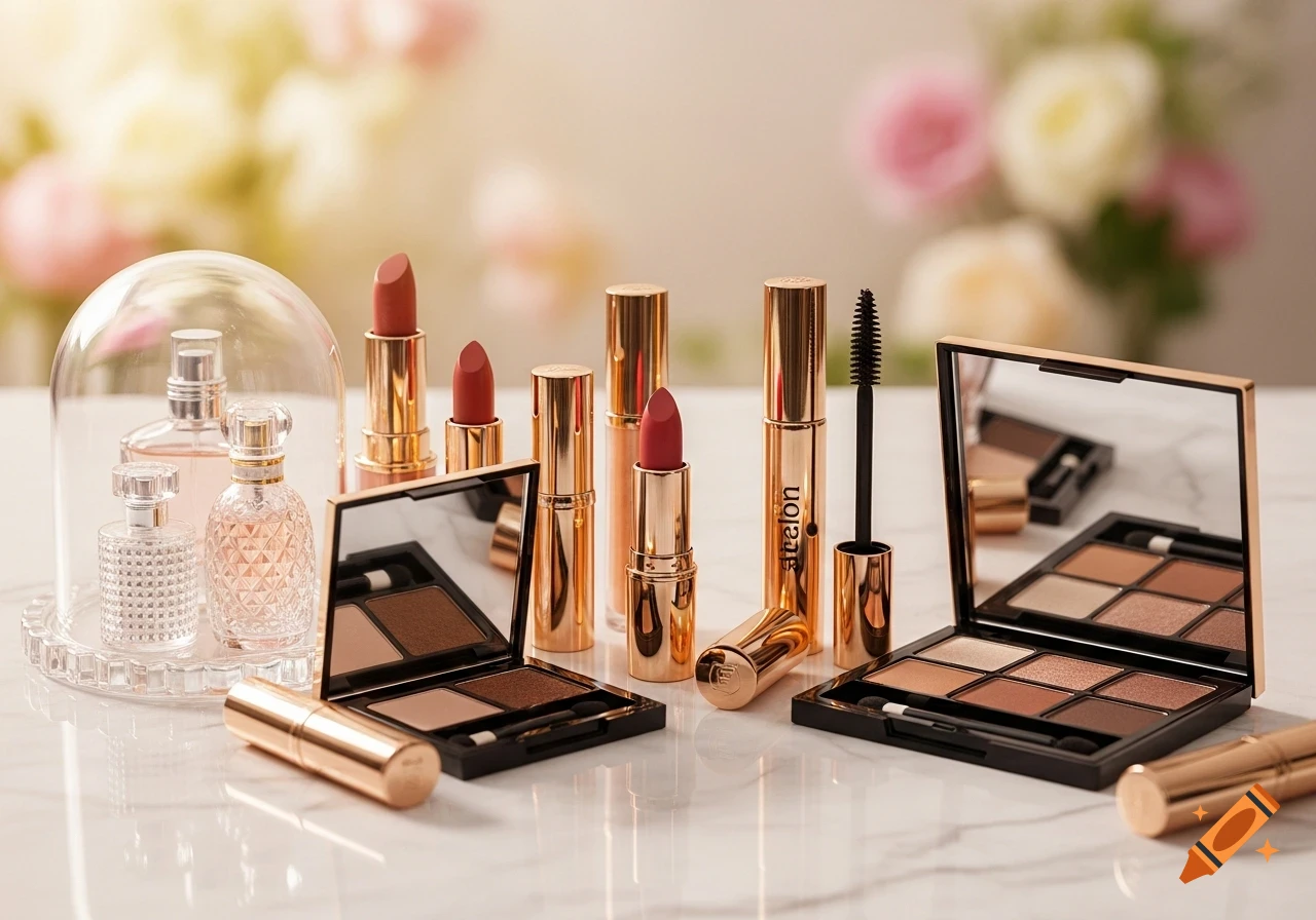 Assortment of gold-cased lipsticks, eyeshadow palettes, mascara, and perfume bottles on a marble surface.