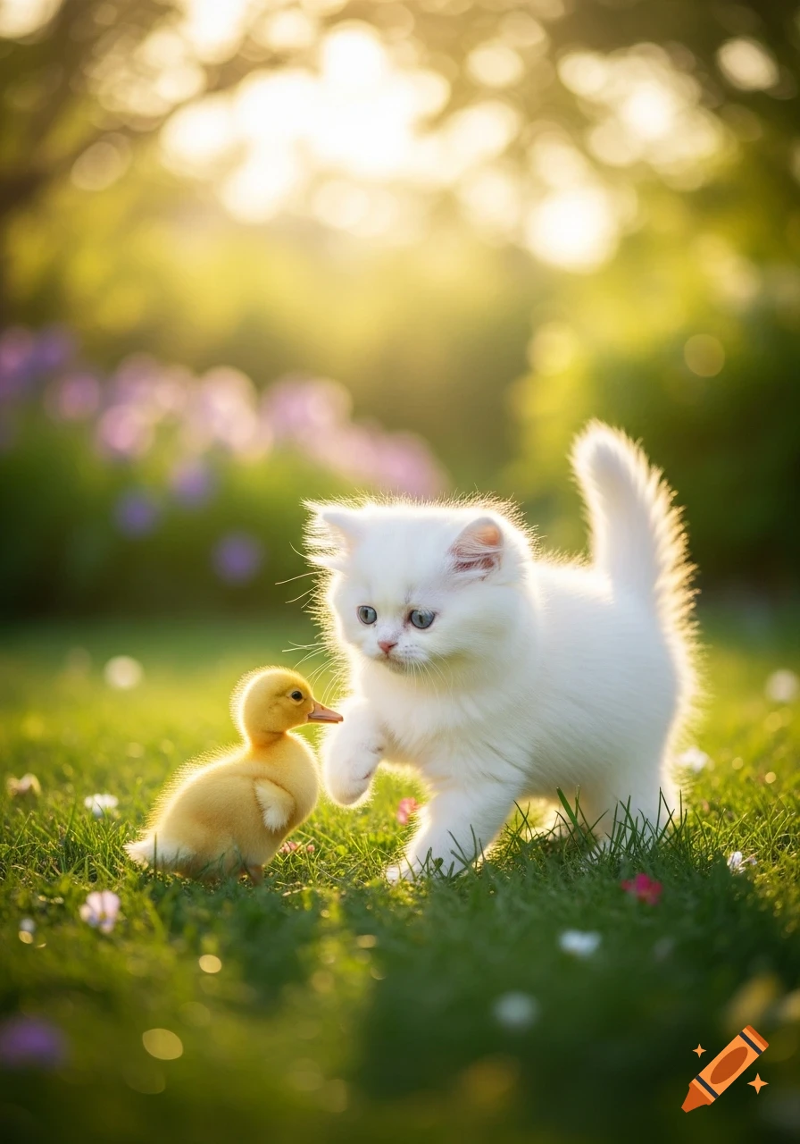 A fluffy white kitten and a yellow duckling interact in a sunny, grassy field.