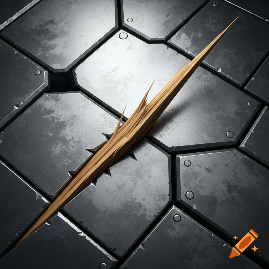 A sharp wooden splinter pierces through a dark, worn metal surface made of hexagonal and rectangular panels.