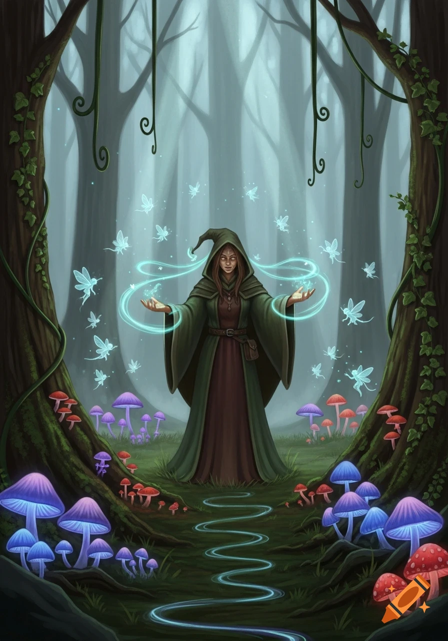 A hedgewitch in a dark forest, conjuring blue magic amidst glowing fairies and colorful mushrooms. Illustration.