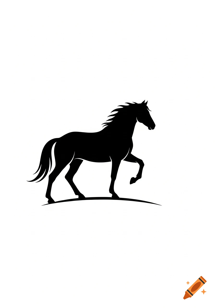 A minimalistic black horse silhouette with a flowing mane and tail, standing on a subtle curve on a white background.