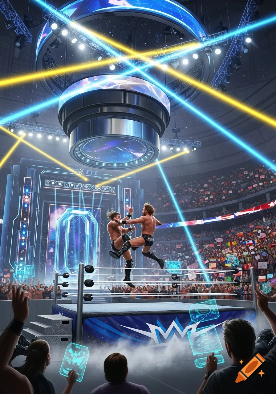 Two wrestlers leap in a futuristic arena ring, surrounded by a large crowd and illuminated by blue and yellow laser beams.