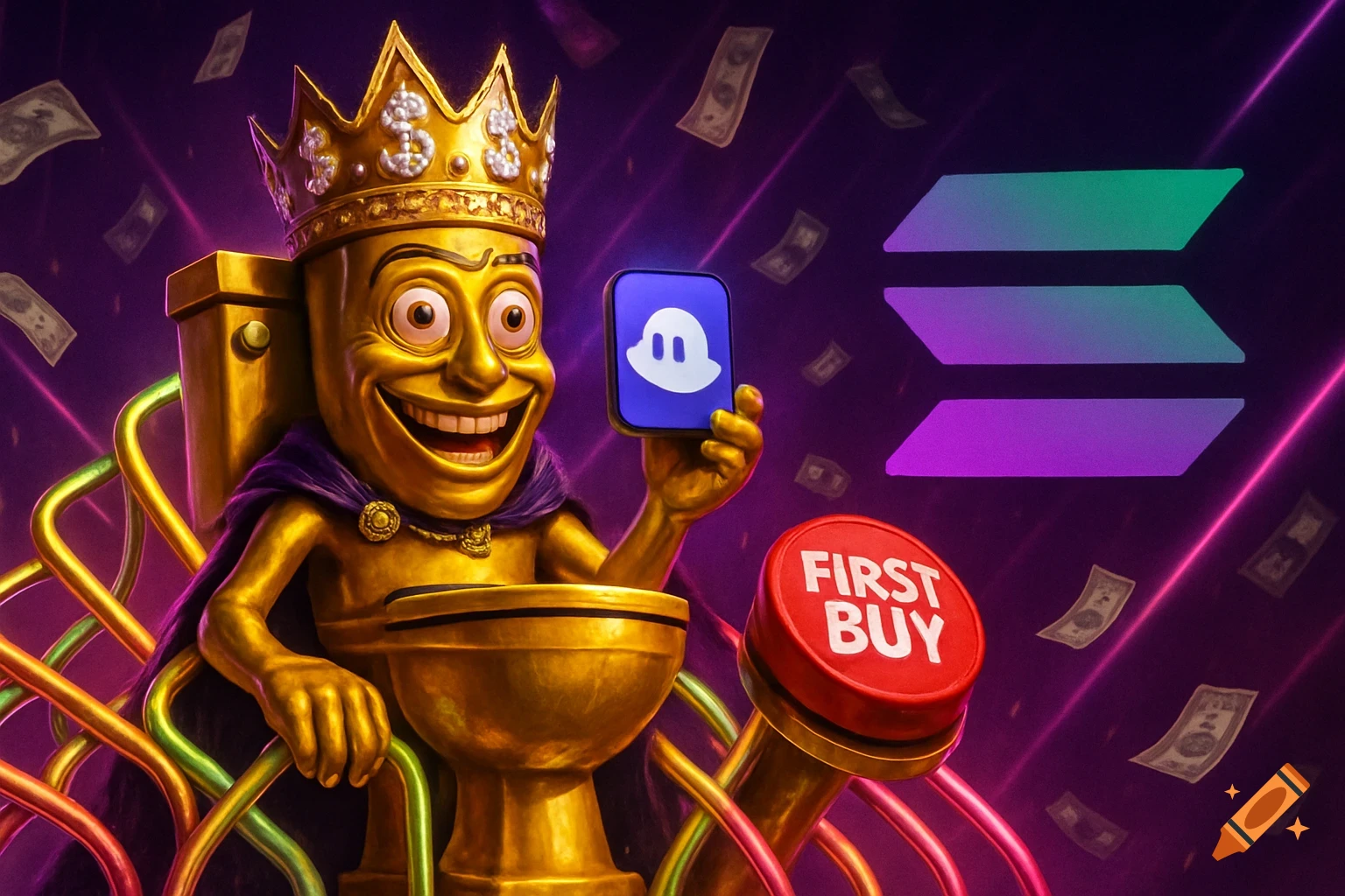A golden Skibidi Toilet king on a neon throne, holding a Phantom wallet and "FIRST BUY" button, money rain, Solana logo in cyberpunk meme art.