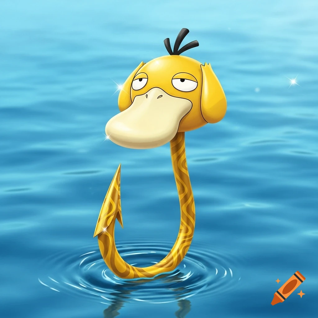 A cartoon Psyduck head is attached to a golden fishing hook with intricate patterns, standing in rippling blue water.