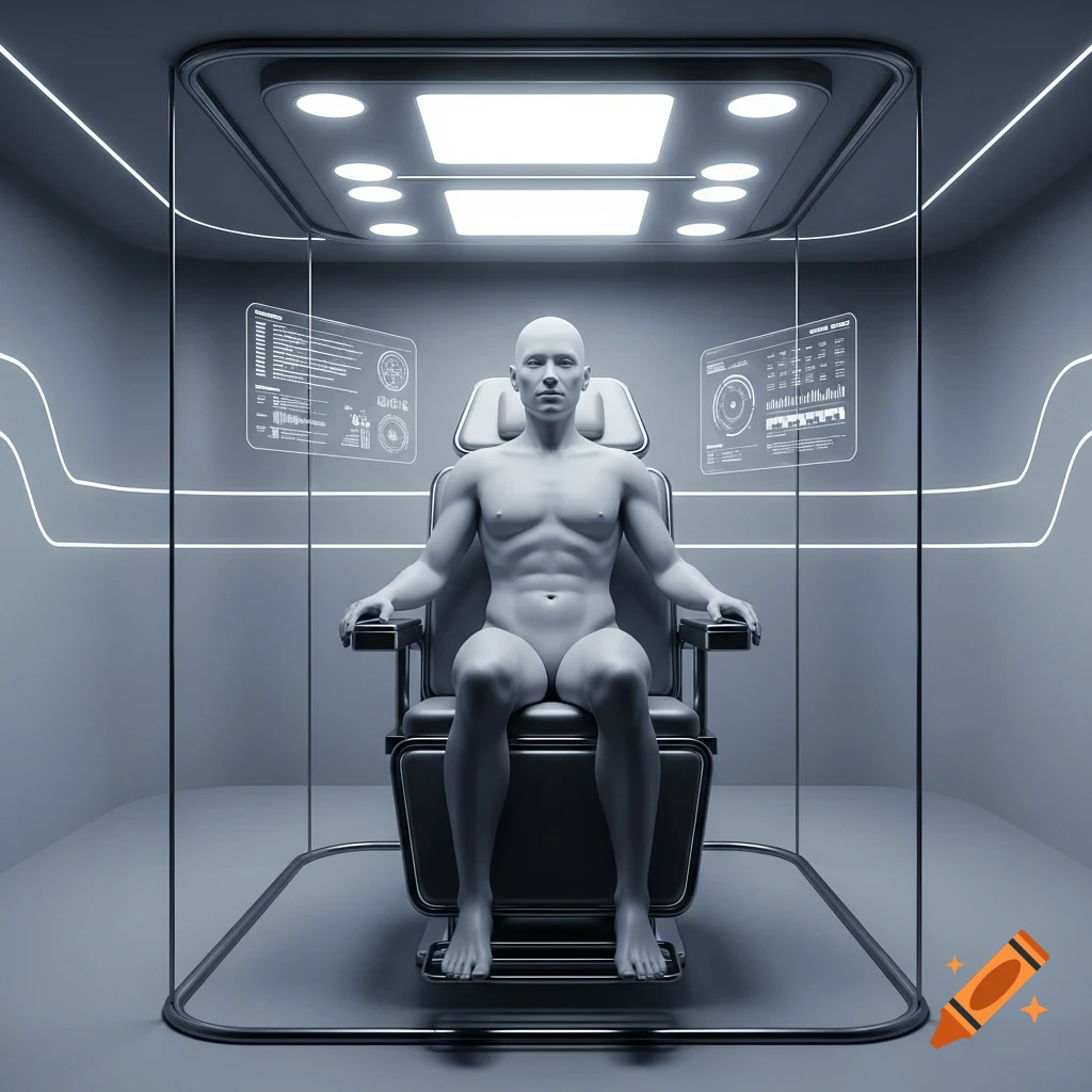 A smooth, bald, androgynous human figure sits in a futuristic medical chair within a glass enclosure, surrounded by glowing holographic screens.