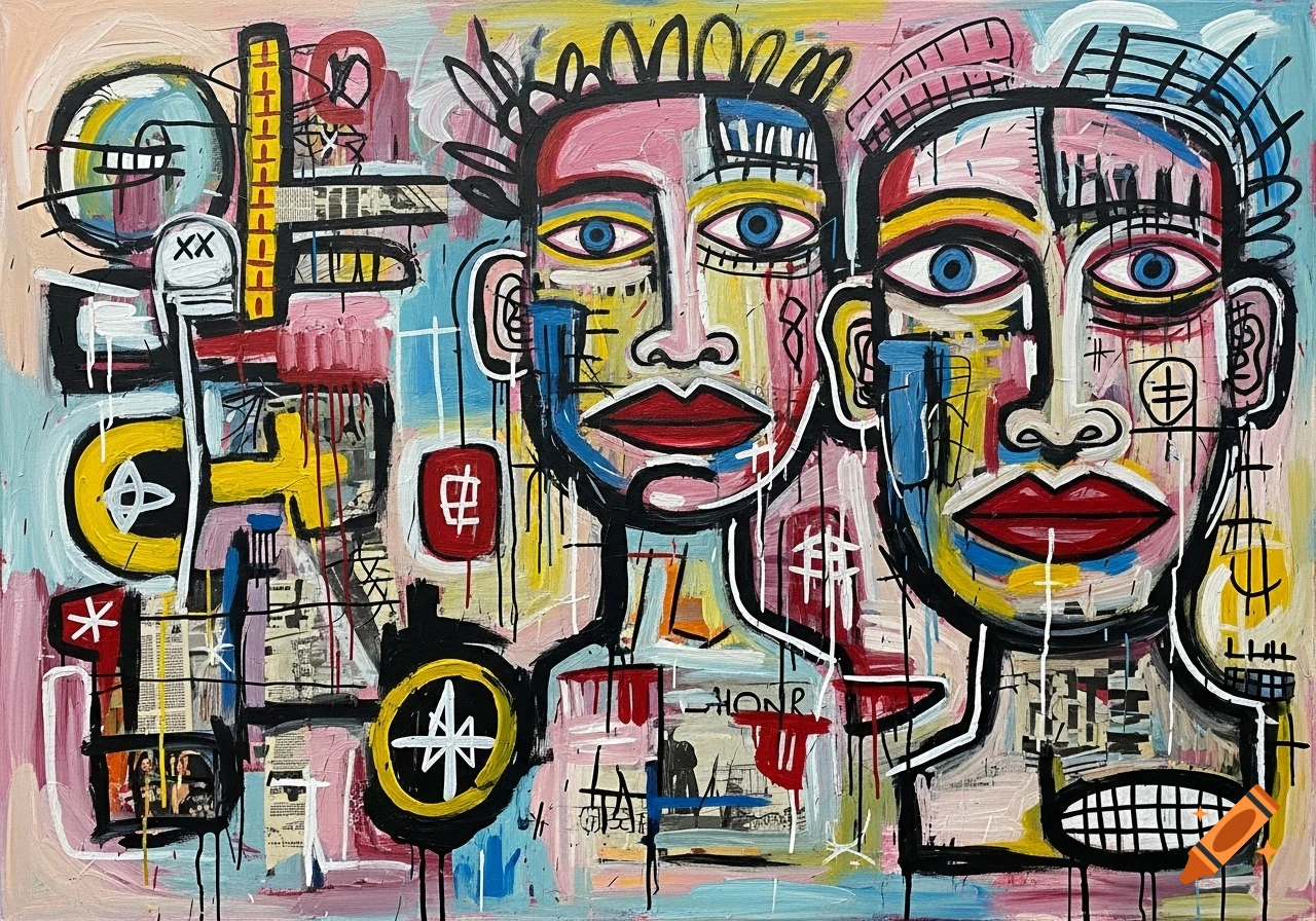 A colorful, expressive abstract painting in the style of Jean-Michel Basquiat, featuring two stylized figures with blue eyes and red lips, amidst mixed media elements and drips.