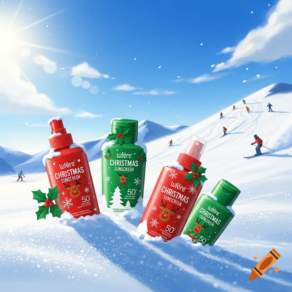 Illustration of red and green Christmas sunscreen bottles in snow on a sunny ski slope with skiers.