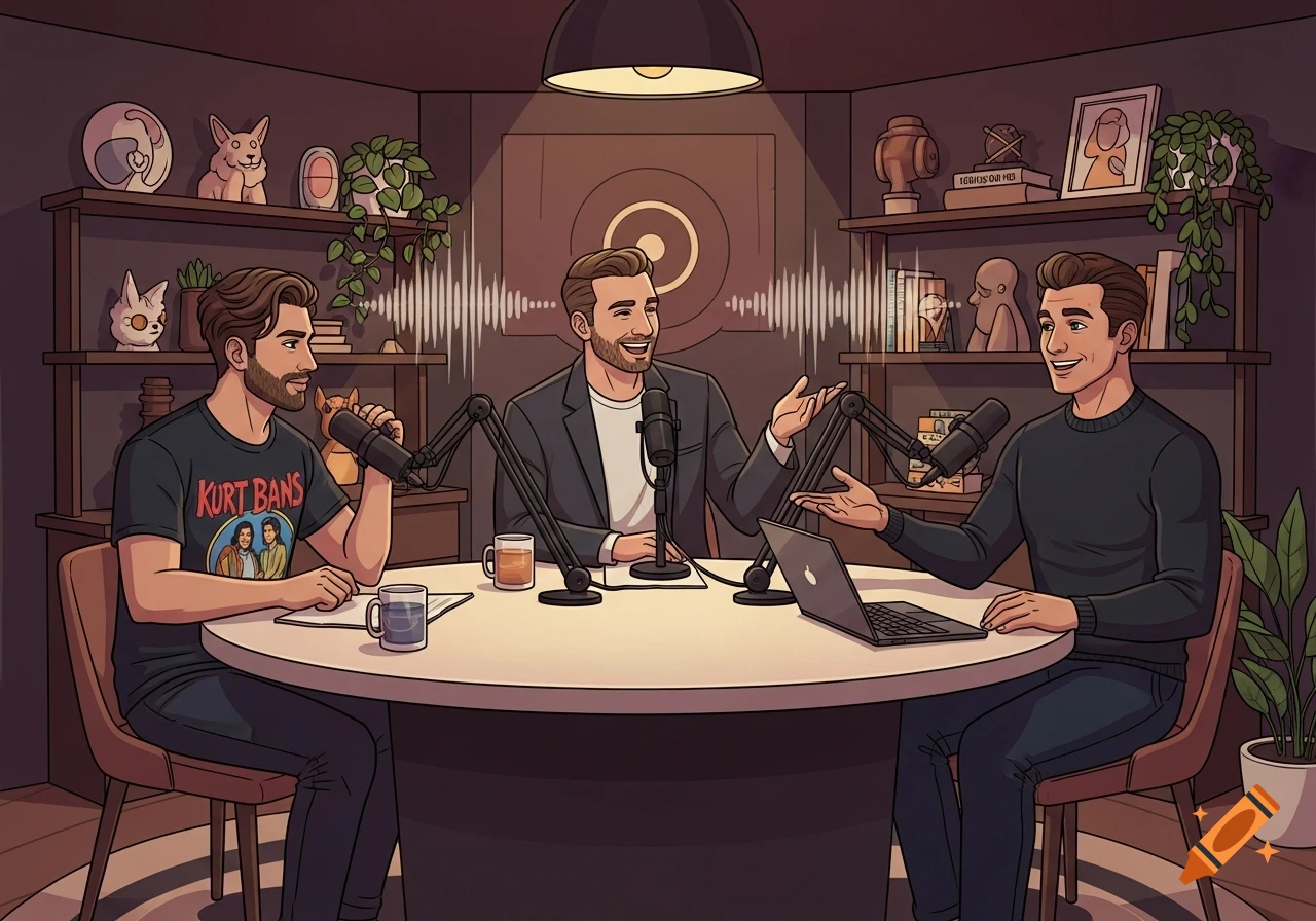 An illustrated image of three men sitting around a table with microphones, recording a podcast in a cozy studio with shelves of decor.