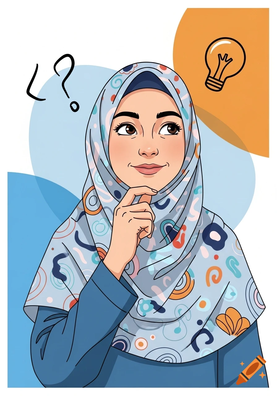 Vector illustration of a woman in a blue patterned hijab, looking up in thought with a question mark and lightbulb icon.