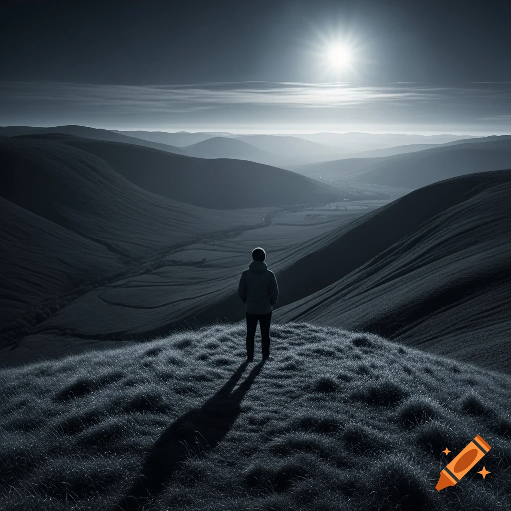 Rear view of a lone figure standing on a grassy hilltop, overlooking a vast valley under a bright sun, in a cold blue and black monochromatic style.