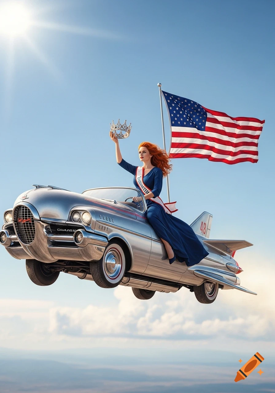 A red-haired woman in a blue gown and sash holds a crown, riding in a silver vintage-style flying car with an American flag waving behind her against a sunny blue sky.