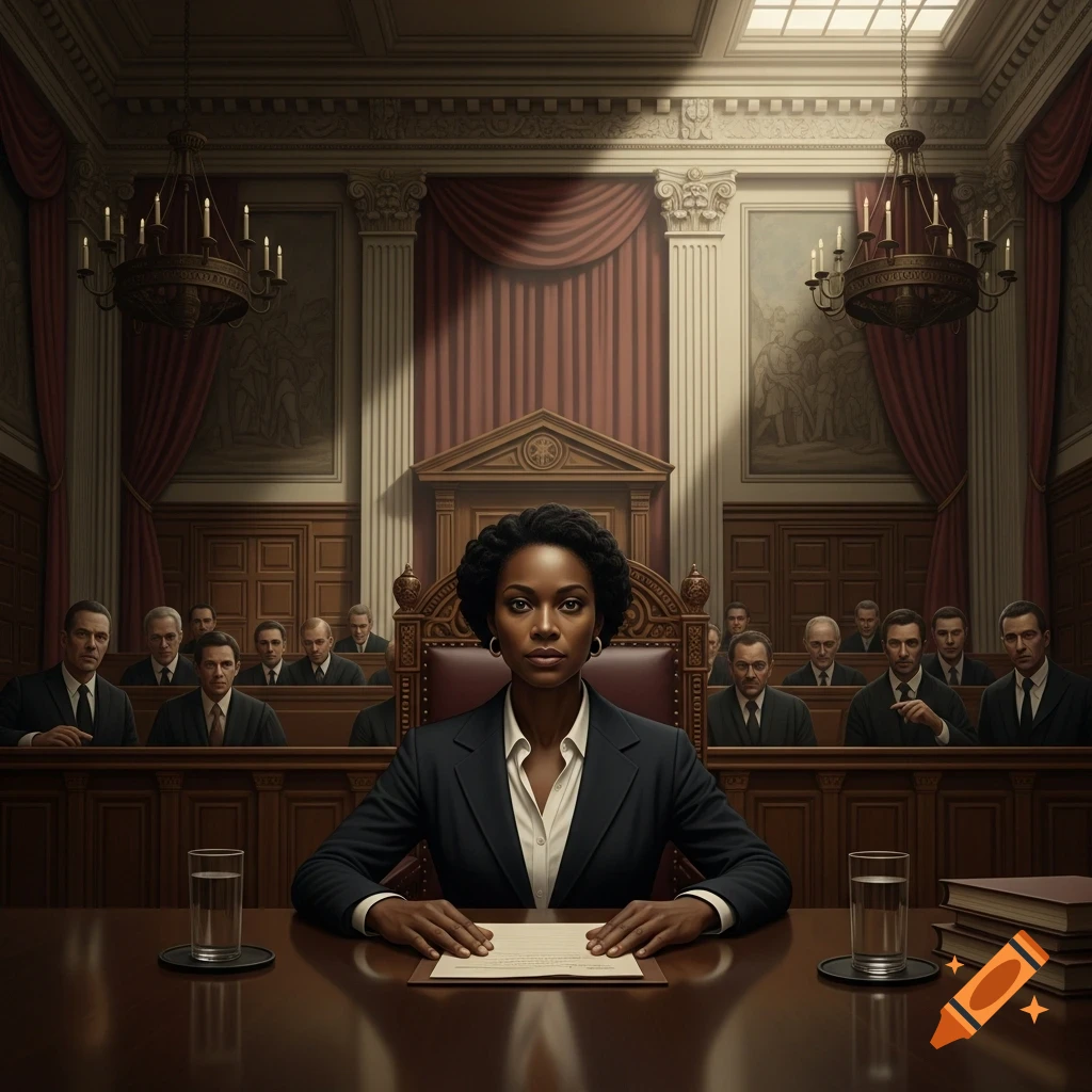 An African American woman in a dark suit sits at a large desk in a formal, wood-paneled courtroom, looking directly ahead.