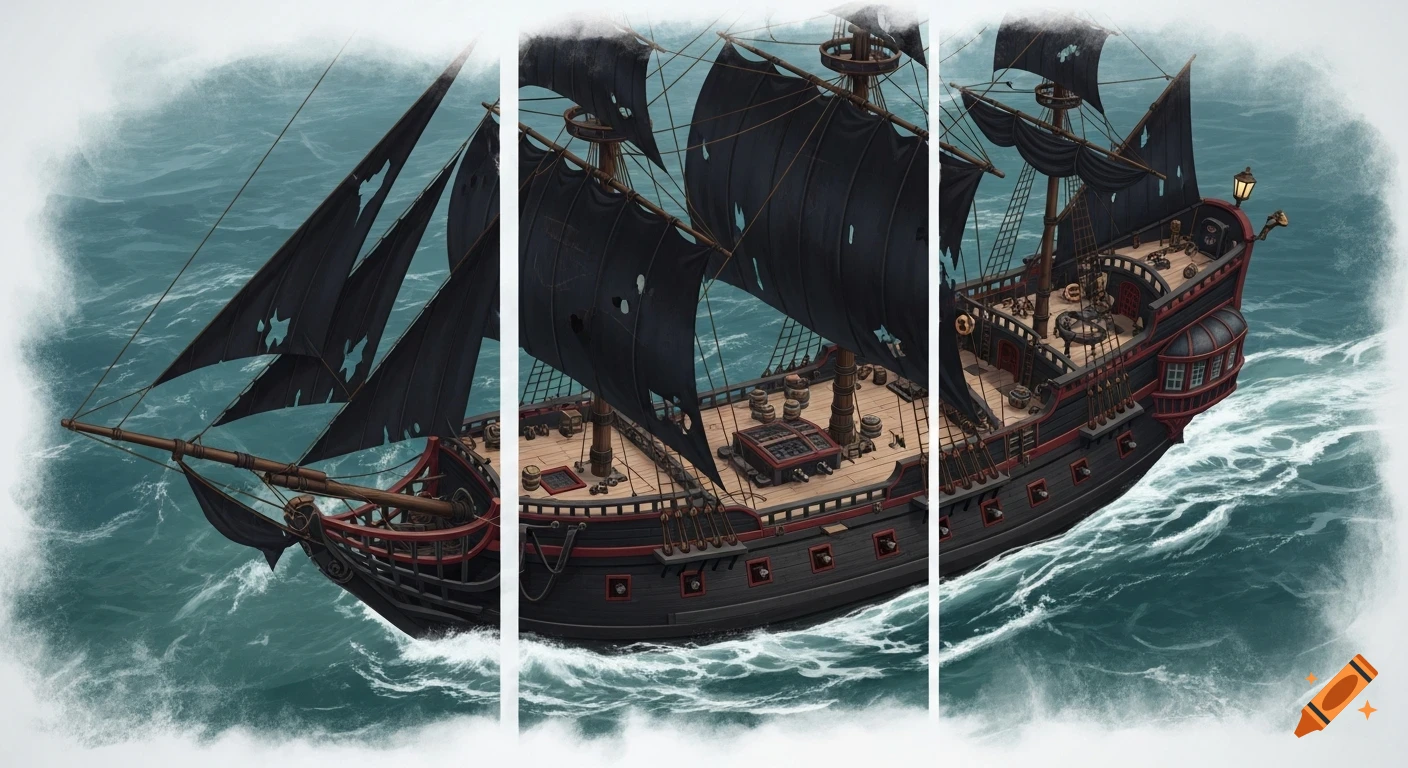 A segmented illustration of a black pirate ship with tattered sails on a stormy blue sea, viewed from above.