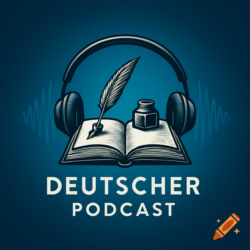 A logo for 'DEUTSCHER PODCAST' featuring headphones, an open book with a quill and inkwell, and blue sound waves on a dark blue background.