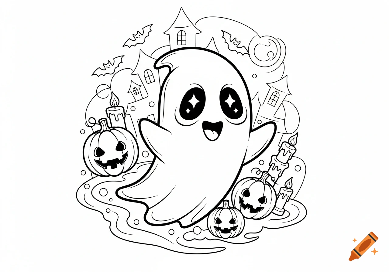 A cute cartoon ghost with shining eyes, surrounded by grinning jack-o'-lanterns, candles, bats, and haunted houses, designed as a coloring page.