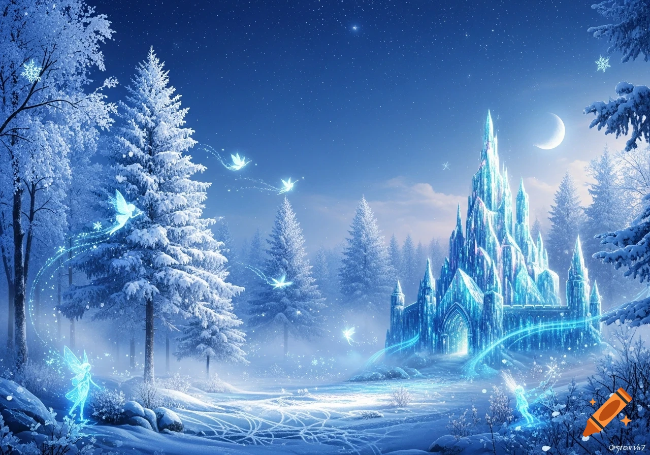 A magical winter landscape with a glowing ice castle, snow-covered pine trees, a crescent moon, and sparkling fairies flying around.