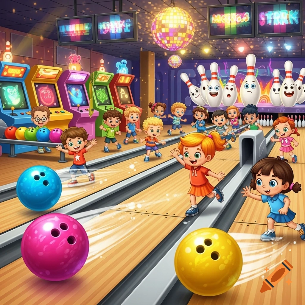 Vibrant cartoon illustration of happy children bowling with colorful balls and anthropomorphic pins in an arcade.