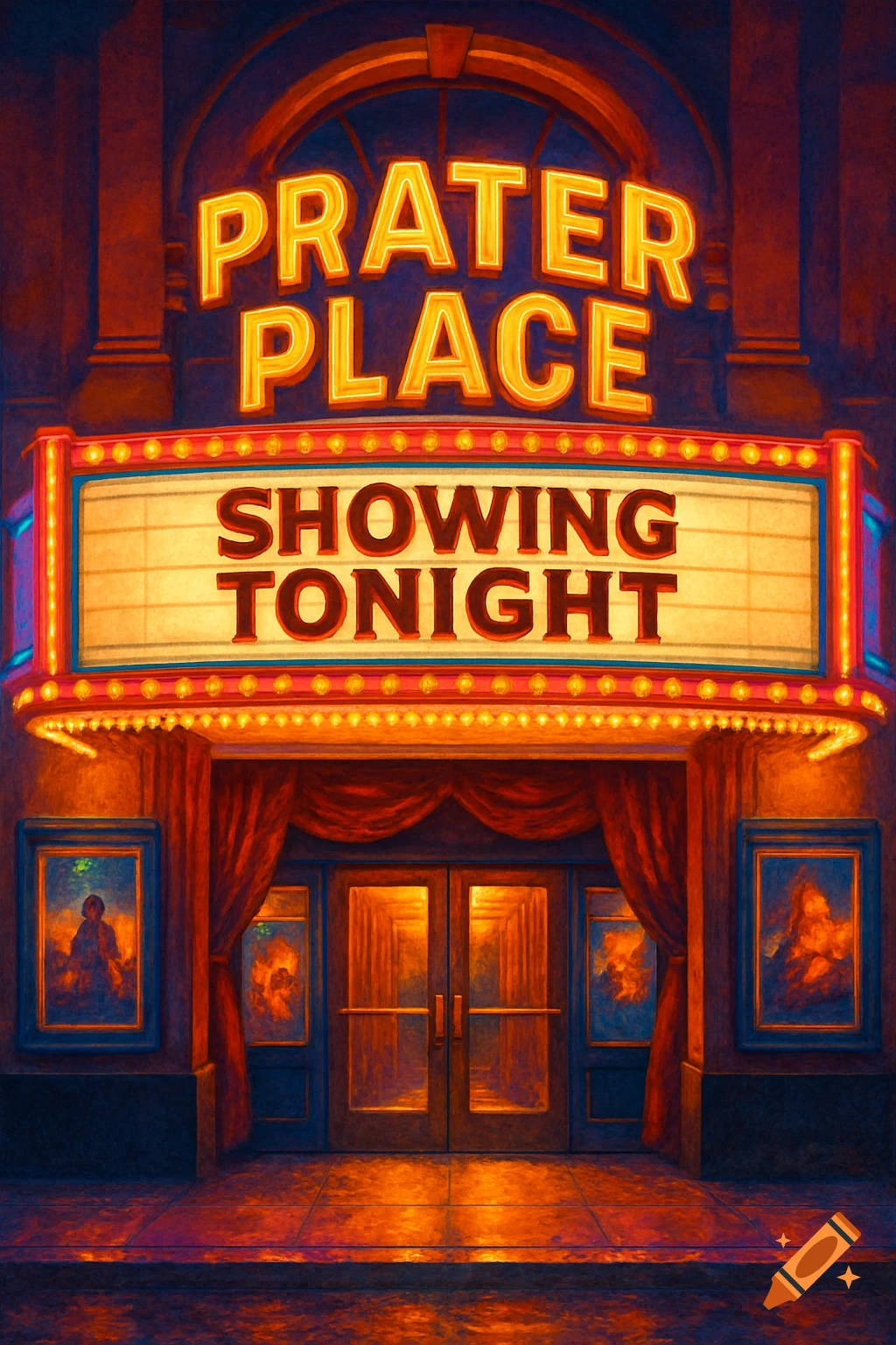 A vibrant, stylized painting of a movie theater entrance at night, with neon signs displaying "PRATER PLACE" and "SHOWING TONIGHT" above double doors.