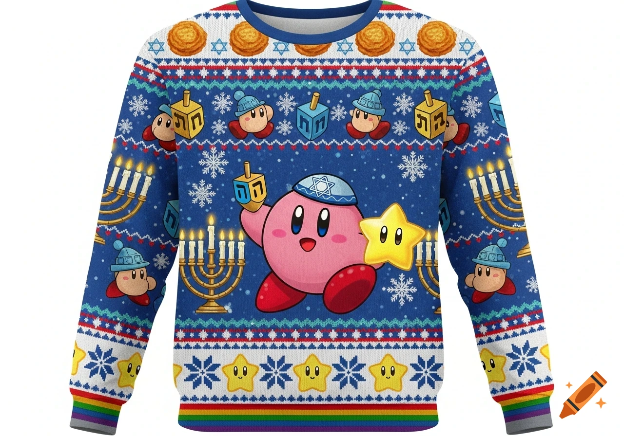 A blue "ugly" Hanukkah sweater featuring Kirby wearing a yarmulke and holding a dreidel and a star, surrounded by menorahs and snowflakes.