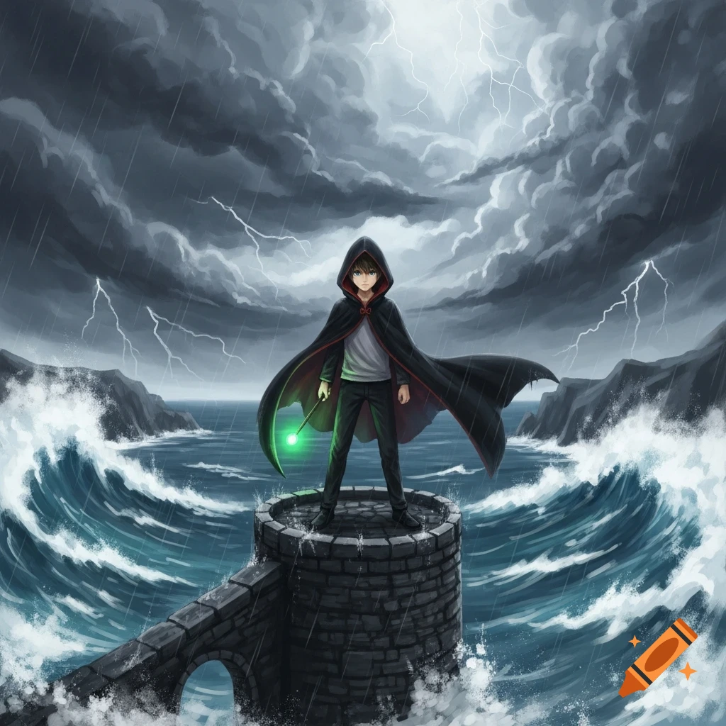 Anime boy in a black hooded cape with a glowing green wand stands on a stone tower in a stormy sea with high waves and lightning.