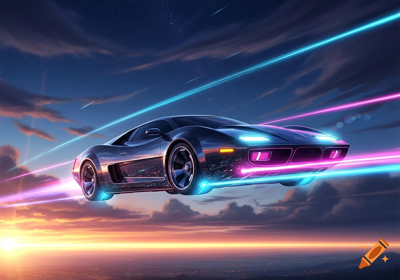 A futuristic black sports car flying through a vibrant twilight sky with neon blue and pink light trails, above a distant cityscape.