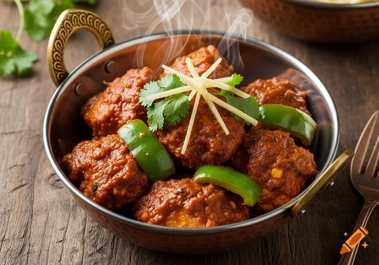 Authentic Poulet Karahi in a copper bowl, garnished with cilantro and ginger, steaming on a wooden table.