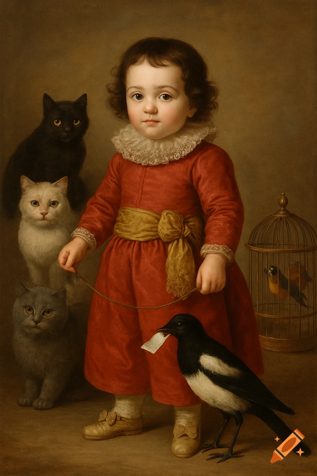 18th-century oil painting of a child in a red suit with three cats, a magpie holding a card, and a birdcage.